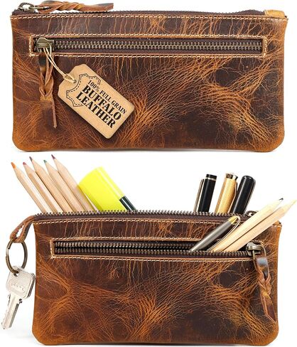 Leather Pencil Case Pouch 8" x 4" - Leather Pen Case with Zipper (Antique Brown) in Saudi Arabia