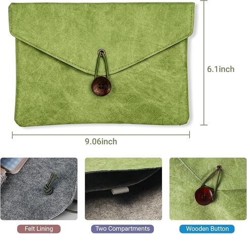 Vintage/Retro Style HDPE Paper Pouch - Dual Pocket Felt Lined Organizer with Button Tie, 9 Inch Waterproof Craft Supply Bag for Desk, Travel & Makeup (Green) in Saudi Arabia