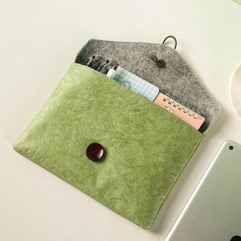 Vintage/Retro Style HDPE Paper Pouch - Dual Pocket Felt Lined Organizer with Button Tie, 9 Inch Waterproof Craft Supply Bag for Desk, Travel & Makeup (Green) in Saudi Arabia