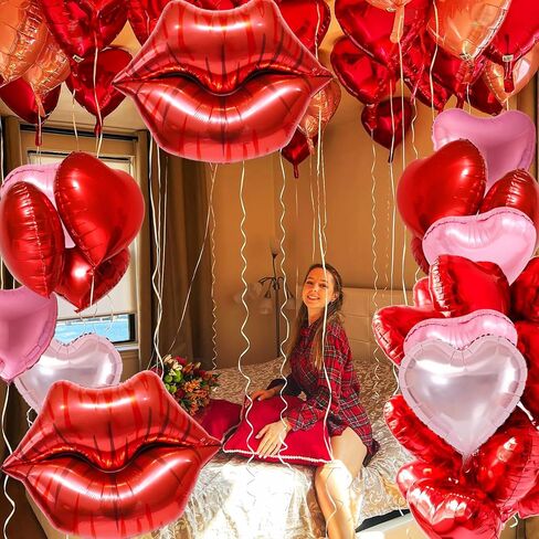14 Pcs Valentines Day Balloons, Huge Red Pink Heart Lip Aluminum Foil Balloons for Valentine's Day, Birthday, Baby Shower, Wedding, Engagement Party Decoration Supplies in Saudi Arabia