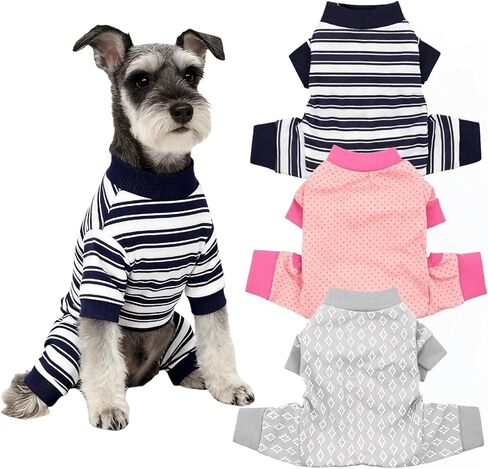 3 Pack Dog Pajamas Dog Onesie for Small Dogs, Lightweight Puppy PJs with Easy Snap Belly, Tail Opening Striped Checkered Sleepwear M in Kuwait