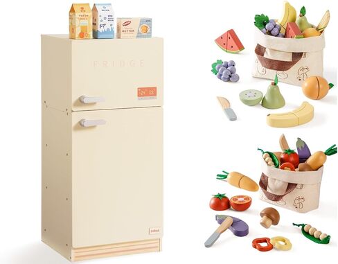 ROBOTIME Play Kitchen Toy Fridge with Wooden Play Food Cutting Fruit/Vegetable Set, Pretend Play Toy Food for Play Kitchen with Shopping Bag, Kids Kitchen Accessories in Saudi Arabia