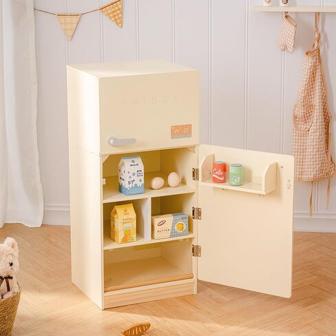 ROBOTIME Play Kitchen Toy Fridge with Wooden Play Food Cutting Fruit/Vegetable Set, Pretend Play Toy Food for Play Kitchen with Shopping Bag, Kids Kitchen Accessories in Saudi Arabia