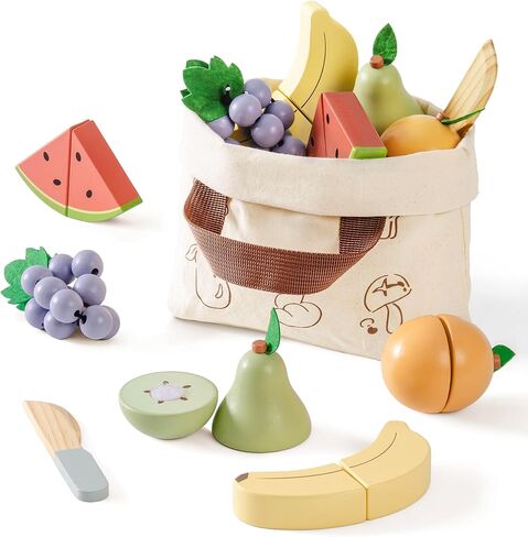 ROBOTIME Play Kitchen Toy Fridge with Wooden Play Food Cutting Fruit/Vegetable Set, Pretend Play Toy Food for Play Kitchen with Shopping Bag, Kids Kitchen Accessories in Saudi Arabia