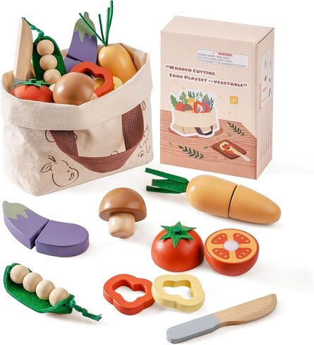 ROBOTIME Play Kitchen Toy Fridge with Wooden Play Food Cutting Fruit/Vegetable Set, Pretend Play Toy Food for Play Kitchen with Shopping Bag, Kids Kitchen Accessories in Saudi Arabia