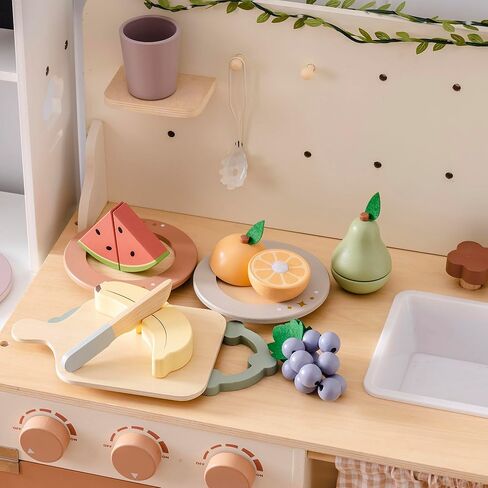 ROBOTIME Play Kitchen Toy Fridge with Wooden Play Food Cutting Fruit/Vegetable Set, Pretend Play Toy Food for Play Kitchen with Shopping Bag, Kids Kitchen Accessories in Saudi Arabia