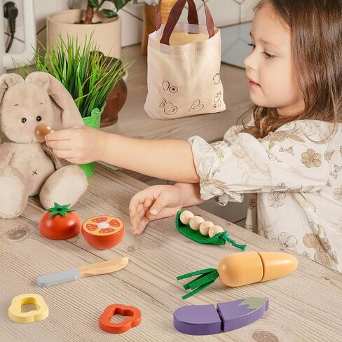ROBOTIME Play Kitchen Toy Fridge with Wooden Play Food Cutting Fruit/Vegetable Set, Pretend Play Toy Food for Play Kitchen with Shopping Bag, Kids Kitchen Accessories in Saudi Arabia