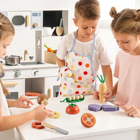 ROBOTIME Play Kitchen Toy Fridge with Wooden Play Food Cutting Fruit/Vegetable Set, Pretend Play Toy Food for Play Kitchen with Shopping Bag, Kids Kitchen Accessories in Saudi Arabia