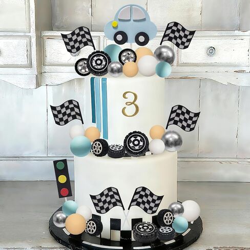 48 قطعة زينة كعكة السيارة سباق كعكة القبعات العالية سباق عجلة الإطارات كعكة الزينة متقلب العلم لسباق موضوع حفلة عيد ميلاد لوازم in Kuwait