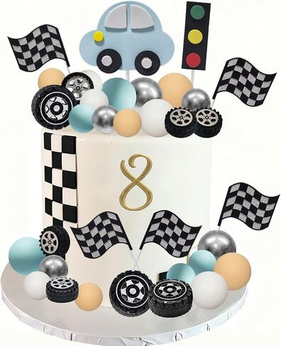48 قطعة زينة كعكة السيارة سباق كعكة القبعات العالية سباق عجلة الإطارات كعكة الزينة متقلب العلم لسباق موضوع حفلة عيد ميلاد لوازم in Kuwait