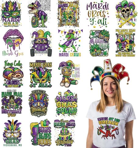 20Pcs Mardi Gras Dtf Transfers Ready to Press Fat Tuesday Iron on Transfers for Tshirts Carnival Mask Crown Heat Transfer Vinyl Stickers for Clothing Pillows Bag DIY Crafts in Saudi Arabia