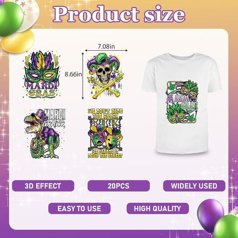 20Pcs Mardi Gras Dtf Transfers Ready to Press Fat Tuesday Iron on Transfers for Tshirts Carnival Mask Crown Heat Transfer Vinyl Stickers for Clothing Pillows Bag DIY Crafts in Saudi Arabia