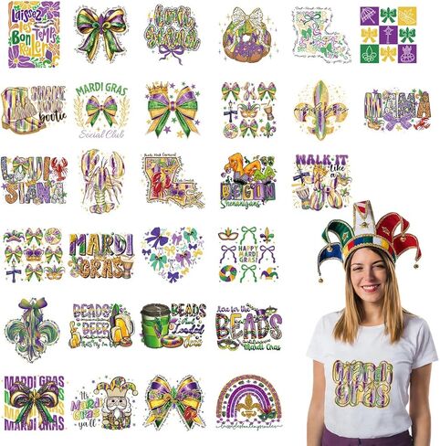 20Pcs Mardi Gras Dtf Transfers Ready to Press Fat Tuesday Iron on Transfers for Tshirts Carnival Mask Crown Heat Transfer Vinyl Stickers for Clothing Pillows Bag DIY Crafts in Saudi Arabia