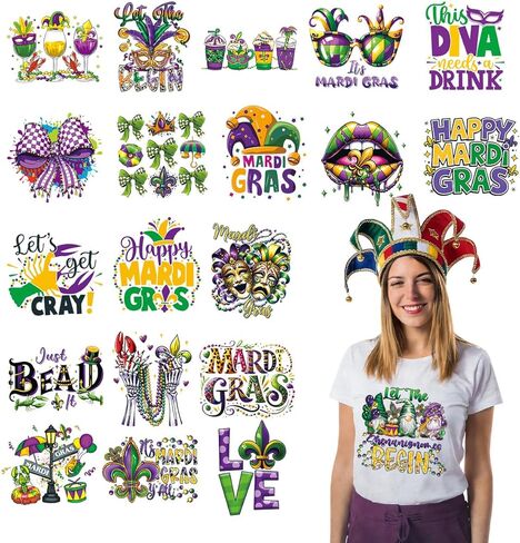 20Pcs Mardi Gras Dtf Transfers Ready to Press Fat Tuesday Iron on Transfers for Tshirts Carnival Mask Crown Heat Transfer Vinyl Stickers for Clothing Pillows Bag DIY Crafts in Saudi Arabia