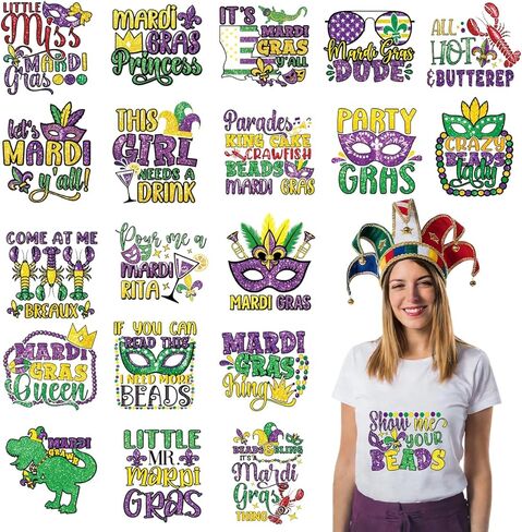 20Pcs Mardi Gras Dtf Transfers Ready to Press Fat Tuesday Iron on Transfers for Tshirts Carnival Mask Crown Heat Transfer Vinyl Stickers for Clothing Pillows Bag DIY Crafts in Saudi Arabia