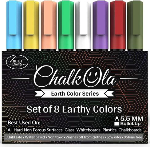 Chalkola Dual Tip Liquid Chalk Markers for Blackboard (8 Earthy Colors, 1mm+5mm Fine, Bold) - Pastel Dry Erase Marker Pens for Chalkboards Signs, Car Windows, Glass - Erasable Chalkboard Markers in Saudi Arabia