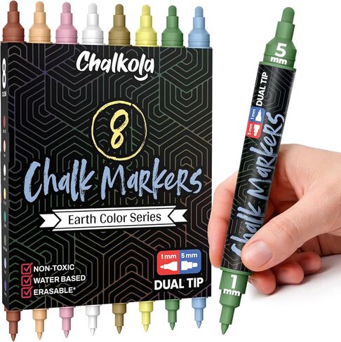 Chalkola Dual Tip Liquid Chalk Markers for Blackboard (8 Earthy Colors, 1mm+5mm Fine, Bold) - Pastel Dry Erase Marker Pens for Chalkboards Signs, Car Windows, Glass - Erasable Chalkboard Markers in Saudi Arabia