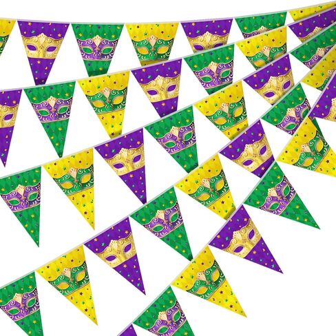 HESTYA 5 Pieces 49 Feet Mardi Gras Pennant Banner Party Decorations Gold Green Purple Fleur-de-lis Triangle Flags Bunting Banners for Mardi Gras Carnival Masquerade Party Decor Indoor Outdoor Supplies in Saudi Arabia