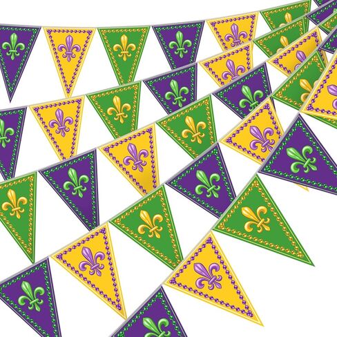 HESTYA 5 Pieces 49 Feet Mardi Gras Pennant Banner Party Decorations Gold Green Purple Fleur-de-lis Triangle Flags Bunting Banners for Mardi Gras Carnival Masquerade Party Decor Indoor Outdoor Supplies in Kuwait