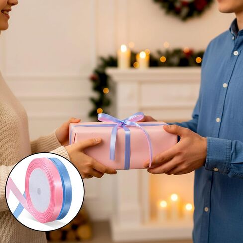 شريط TIESOME 2 رول باللونين الأزرق والوردي، شريط من الساتان مزدوج الوجه بعرض 3/8 بوصة بطول 24 ياردة، أشرطة قماشية باللون الوردي الفاتح والأزرق الفاتح للحرف اليدوية وحفلات الزفاف وباقات الزهور وعيد الميلاد وعيد الشكر in Saudi Arabia