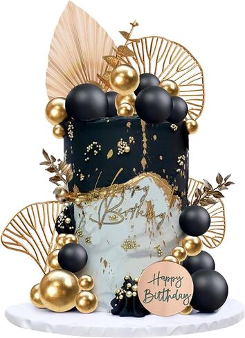 Boho Cake Topper Happy Birthday Cake Decorations with Balls Eucalyptus for Wedding Birthday Supplies (Black) in Saudi Arabia