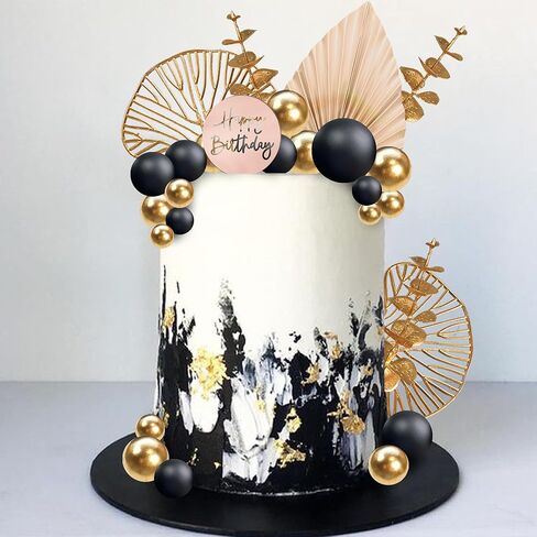 Boho Cake Topper Happy Birthday Cake Decorations with Balls Eucalyptus for Wedding Birthday Supplies (Black) in Saudi Arabia