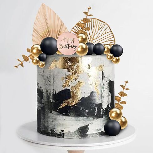 Boho Cake Topper Happy Birthday Cake Decorations with Balls Eucalyptus for Wedding Birthday Supplies (Black) in Saudi Arabia