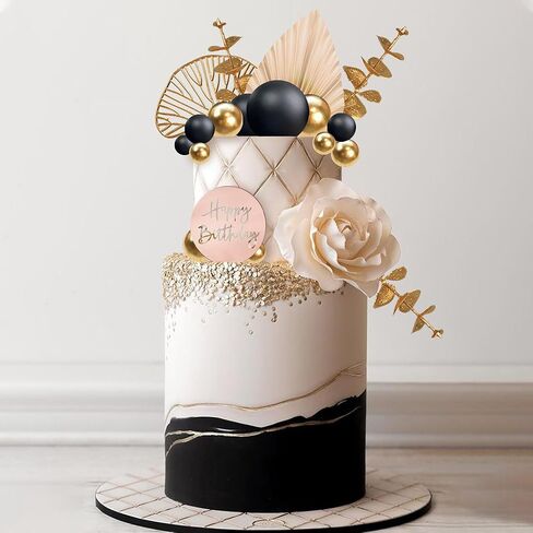 Boho Cake Topper Happy Birthday Cake Decorations with Balls Eucalyptus for Wedding Birthday Supplies (Black) in Saudi Arabia