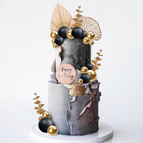 Boho Cake Topper Happy Birthday Cake Decorations with Balls Eucalyptus for Wedding Birthday Supplies (Black) in Saudi Arabia