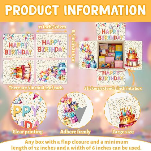 UIBOVA 8 Pcs Birthday Gift Box Stickers, Happy Birthday Stickers for Adults Kids, 8.5x11 Inch Presents Sticker Labels for Gift Box, Birthdays Gifts Name Tags for Christmas Wedding Graduation-B32 in Kuwait
