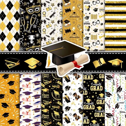 Konsait 24 Sheets Graduation Scrapbook Paper 12x12, Double Sided Grad Patterned Paper Black and Gold Decorative Cardstock Graduation Origami Papers for Card Making Scrapbook Supplies in Saudi Arabia