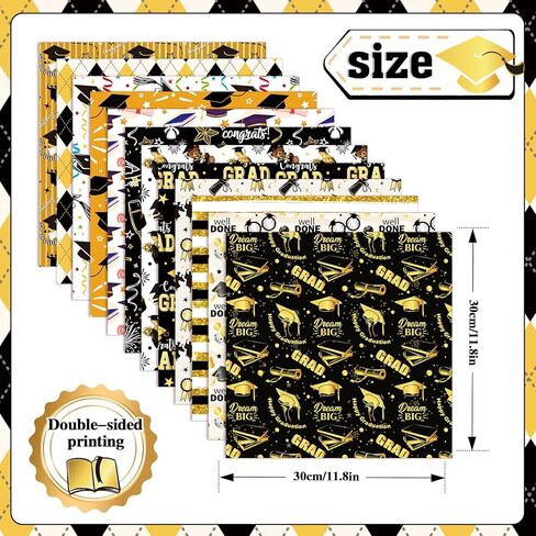 Konsait 24 Sheets Graduation Scrapbook Paper 12x12, Double Sided Grad Patterned Paper Black and Gold Decorative Cardstock Graduation Origami Papers for Card Making Scrapbook Supplies in Saudi Arabia