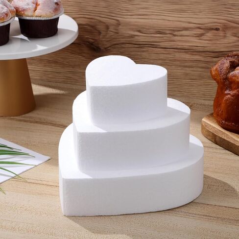 Luxshiny Polystyrene Cake Foam Dummy 3pcs Heart Shaped Foam Cake Mold Set White Cake Dummies Cake Modeling Ornament for Decorating, Baking, Wedding Display, 4"+6"+8" in Saudi Arabia