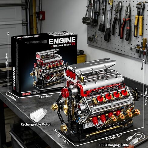 V8 Engine Model Kit That Runs, 8-Cylinder Car Engine Building Set with Rechargeable Motor, Compatible with Lego for Adults, STEM Engineering Construction Toy for Teens Boys (1176 PCS) in Saudi Arabia