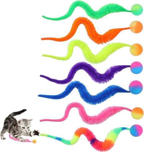 7pcs Bouncy Tails Cat Toys,Bouncy Balls for Cats,Fuzzy Worm Cat Toy with Ball,Interactive Cats Toy Worm,Colorful Fuzzy Balls for Pet Party Favors,Rainbow Colors in Kuwait