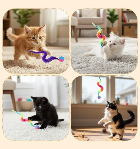 7pcs Bouncy Tails Cat Toys,Bouncy Balls for Cats,Fuzzy Worm Cat Toy with Ball,Interactive Cats Toy Worm,Colorful Fuzzy Balls for Pet Party Favors,Rainbow Colors in Kuwait