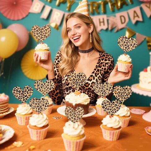 Cheetah Print Valentines Day Decorations: 36PCS Cheetah Cupcake Toppers Cheetah Cake Decorations for Galentines Day Decorations Leopard Cake Decorations in Saudi Arabia