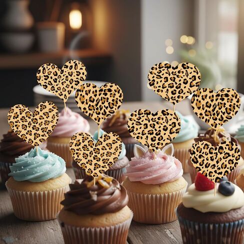 Cheetah Print Valentines Day Decorations: 36PCS Cheetah Cupcake Toppers Cheetah Cake Decorations for Galentines Day Decorations Leopard Cake Decorations in Saudi Arabia
