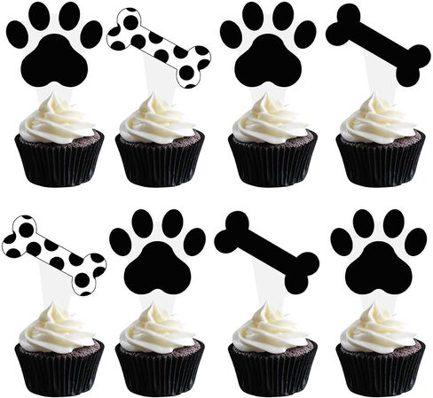 Puppy Dog Paw Print Cupcake Toppers Dog Birthday Party Supplies 48PCS Black and White Dog Puppy Bone Theme Cupcake Picks Dogs Party Cake Decorations for Pet Birthday Baby Shower Deocr in Saudi Arabia
