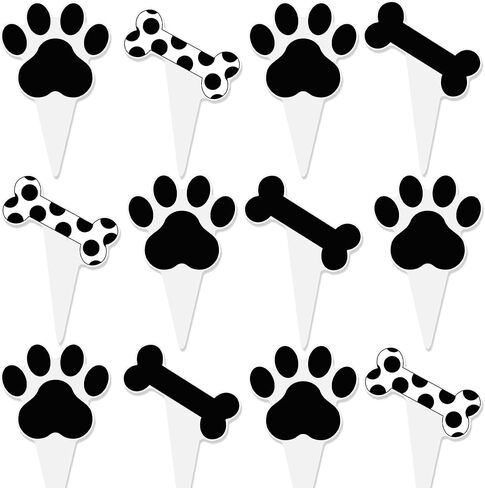 Puppy Dog Paw Print Cupcake Toppers Dog Birthday Party Supplies 48PCS Black and White Dog Puppy Bone Theme Cupcake Picks Dogs Party Cake Decorations for Pet Birthday Baby Shower Deocr in Saudi Arabia
