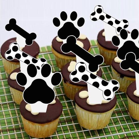 Puppy Dog Paw Print Cupcake Toppers Dog Birthday Party Supplies 48PCS Black and White Dog Puppy Bone Theme Cupcake Picks Dogs Party Cake Decorations for Pet Birthday Baby Shower Deocr in Saudi Arabia