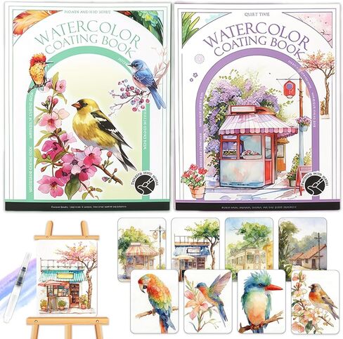 NaTuGi 2Pac Watercolor Workbook for Adults,Watercolor Coloring Book,Portable Watercolor Painting Books,Creative Stress Relief Kit,Suitable for Beginners Birthday Gift(Birds and Time) in Saudi Arabia