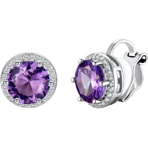 Silvora 925 Silver 8MM Cubic Zirconia Birthstone Clip On Stud Earrings Round Non Pierced Earrings For Women Girls,Come with Box