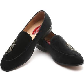 XQWFH Men's Luxury Velvet Penny Loafers with Fashion Spiked, Casual Penny Loafers for Men, Noble Slip-on Dress Loafers Glitter Suede Smoking Slippers (Black)