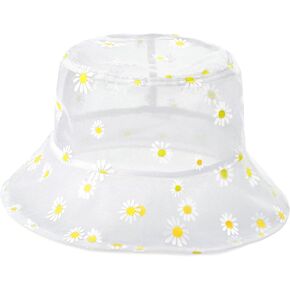Taidor Transparent Mesh Lace Bucket Hat Daisy Print Packable Sun Caps Fisherman Hats for Women Girls