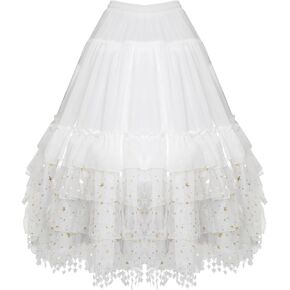MYAYD Women's Detachable Adjustable A line Fishbone Ruffled Hoop Petticoat Pannier Chiffon Underskirt with Stars Lace line