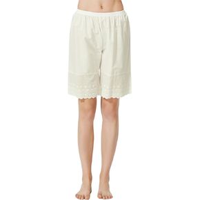 BEAUZSUZSANA Women Cotton Pettipants for Under Dress Lace Embroidery Victorian Pajama Pants Elastic Waistline Ivory Beige