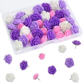 Vuzvuv 60 pcs Purple Rose Flower Push Pin with Gradient Color for Bulletin Board,Decorative Cute Thumbtacks Floret Flower Pins for School, Office