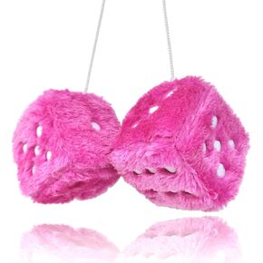 Pair 3" Purple with White Dots Mirror Fuzzy Plush Dice, Purple and White Soft Plush Car Decorative Hanging Ornament.