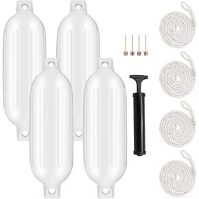 LEAP Boat Fender Inflatable Ribbed Boat Fender/Bumper (4 Pack) with 4 X 78 Fender Lines,Pump and 4 Needles, Marine-Grade UV-Resistant PVC Black White